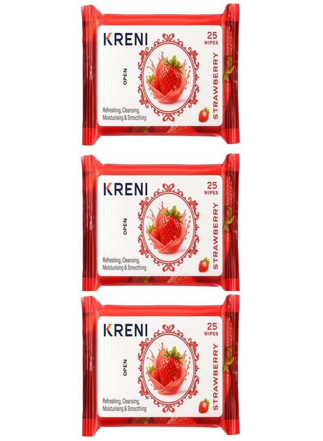 KRENI Clean & Glow Makeup Remover Wipes Pack of 3 (25 Sheets Each) - Cleansing & Hydrating Facial Wipes for Instant Face Cleaning, Soft & Fresh Skin, Glowing Beauty Wet Wipes for All Skin Types (STRAWBERRY, pack of 3) - Image 1