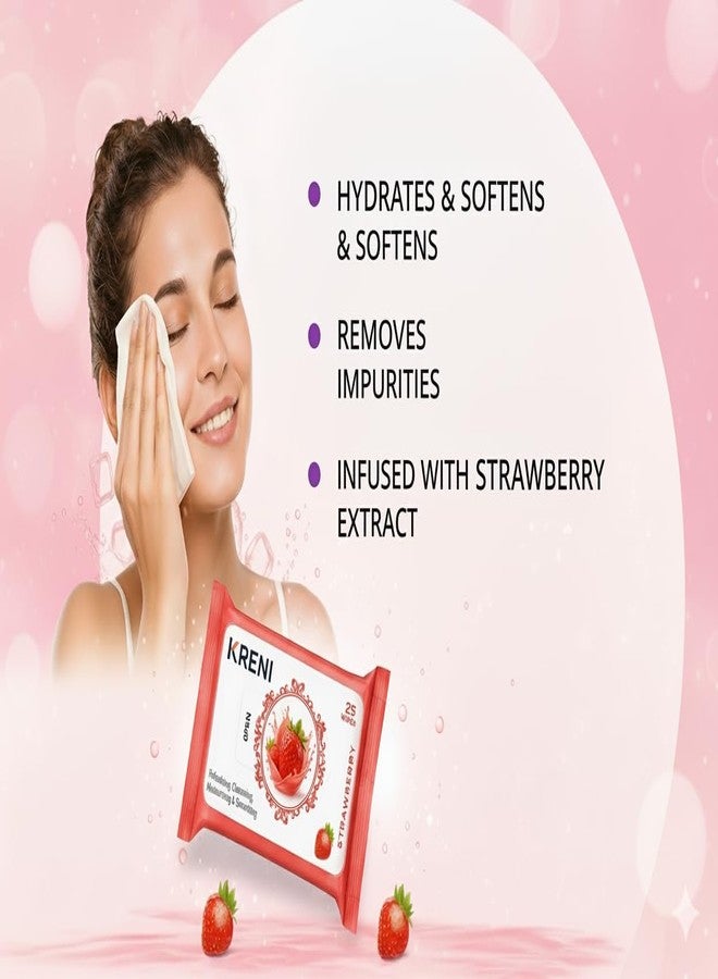 KRENI Clean & Glow Makeup Remover Wipes Pack of 3 (25 Sheets Each) - Cleansing & Hydrating Facial Wipes for Instant Face Cleaning, Soft & Fresh Skin, Glowing Beauty Wet Wipes for All Skin Types (STRAWBERRY, pack of 3) - Image 4