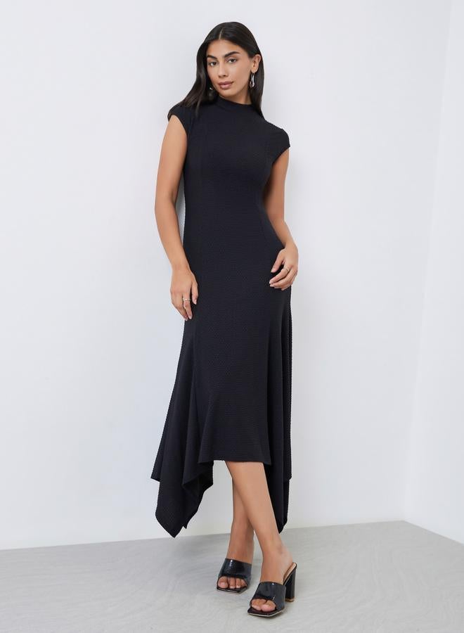 Styli Black Asymmetric Hem Cap Sleeves Maxi Dress - Image 2