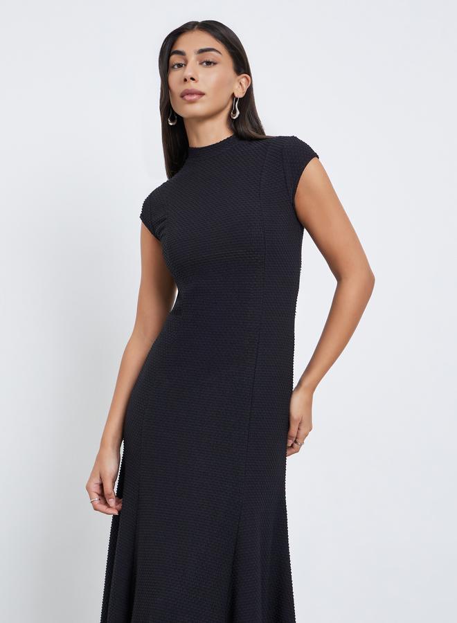 Styli Black Asymmetric Hem Cap Sleeves Maxi Dress - Image 1