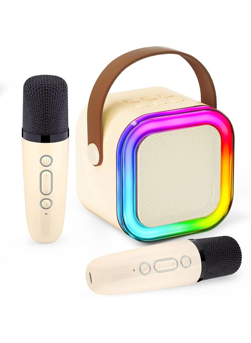 إيكو شاين Karaoke Mini Portable Bluetooth Speaker with 2 Bluetooth Wireless Microphones, Colorful Lights, Ideal Birthday, Party use (Beige, Dual Mic) - Image 1