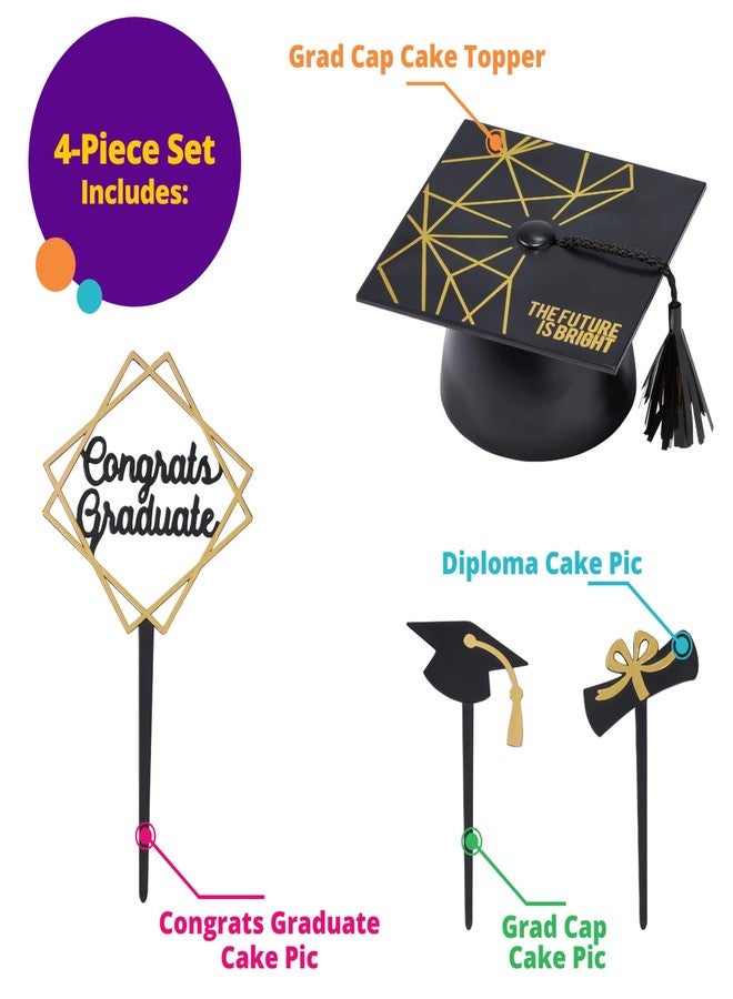 DecoPac Graduation Cake Topper Set, The Future Is Bright Decoration, Grad Cap, Diploma Pic, Graduation Hat Pic & Tall Congrats Graduate Pic - 4 Piece Set - Image 3