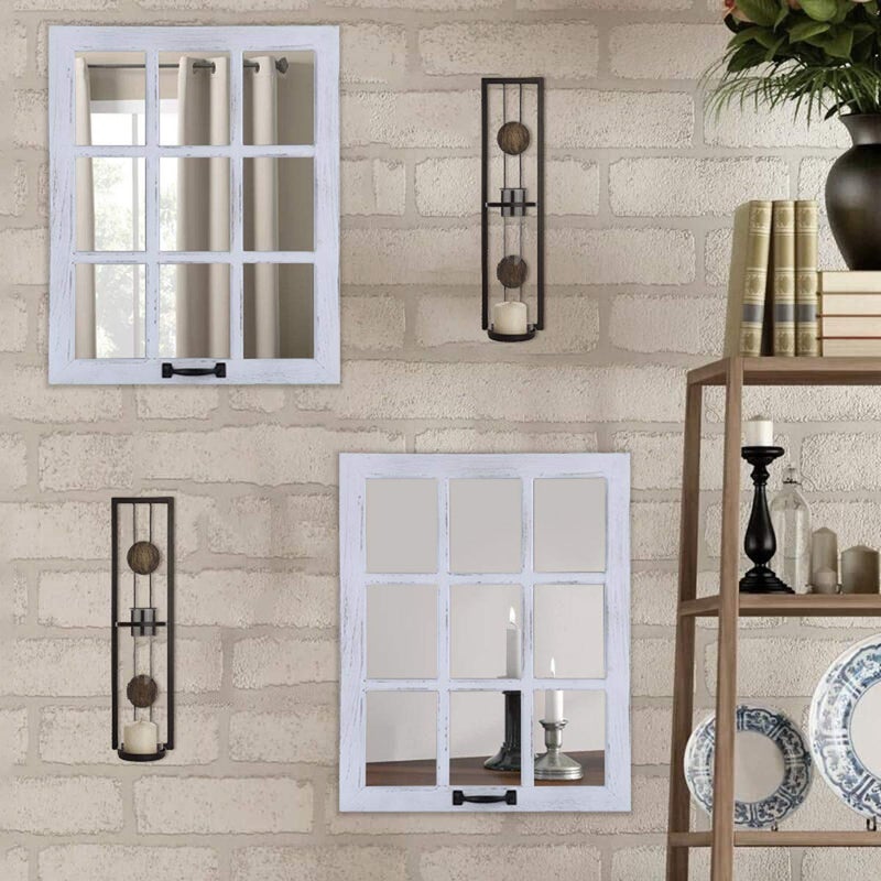 LOSOUR Decorative MirrorDistressed Wood Windowpane Mirror Rustic Home Decoration Window Frame Wall Mirror with Hanging Hardware for Farmhouse Bedroom Living Room Bathroom Kitchen 2 18Wx23L