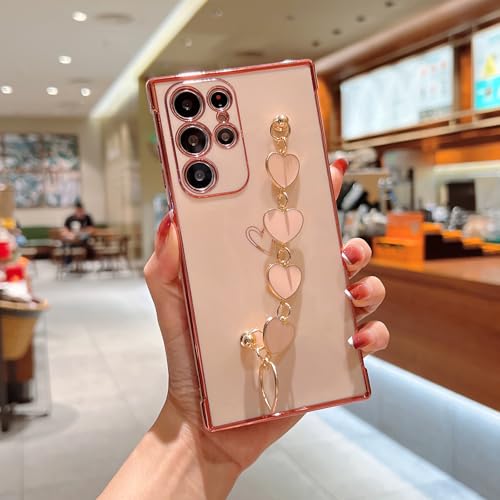 Omio for Galaxy S25 Ultra Cute Case for Women Girls, Luxury Plating Cover with Love-Heart Strap Bracelet Chain Grip Soft Glossy TPU Silicone Slim Phone Cover for Galaxy S25 Ultra Pink - Image 2