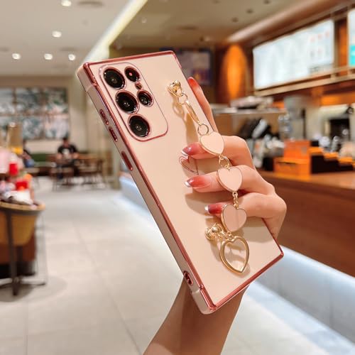 Omio for Galaxy S25 Ultra Cute Case for Women Girls, Luxury Plating Cover with Love-Heart Strap Bracelet Chain Grip Soft Glossy TPU Silicone Slim Phone Cover for Galaxy S25 Ultra Pink - Image 3