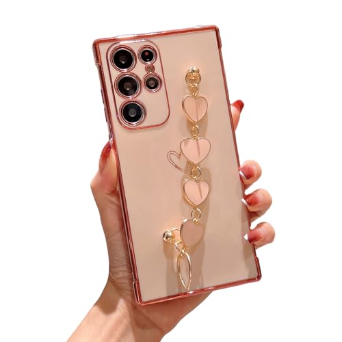 Omio for Galaxy S25 Ultra Cute Case for Women Girls, Luxury Plating Cover with Love-Heart Strap Bracelet Chain Grip Soft Glossy TPU Silicone Slim Phone Cover for Galaxy S25 Ultra Pink - Image 1