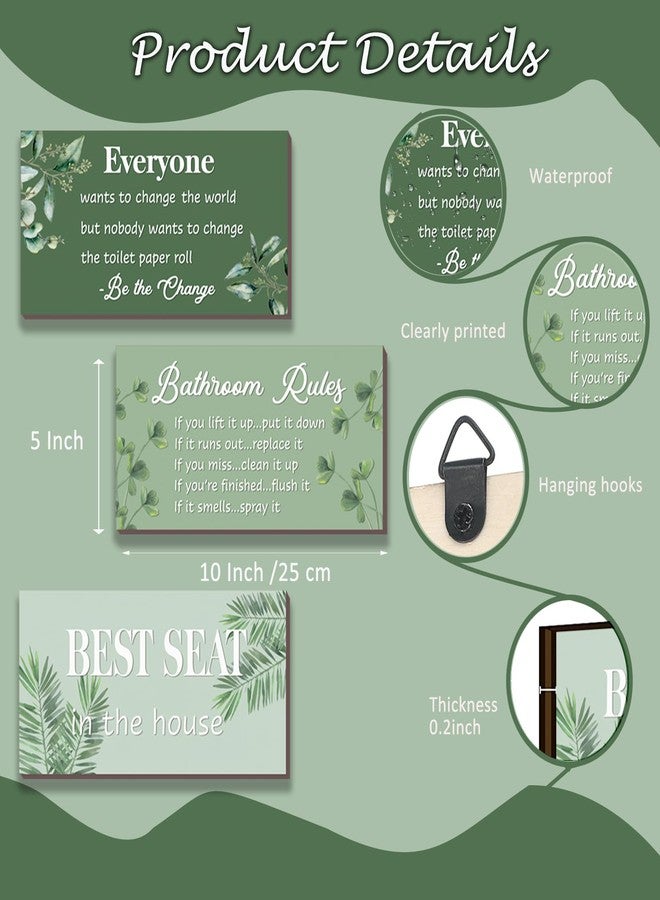 DONFENTHY 3 Pcs Green Bathroom Rules Decor Sage Farmhouse Wooden Best Seat in The House Wall Art Green Toilet Bathroom Accessories(10x5") - Image 3