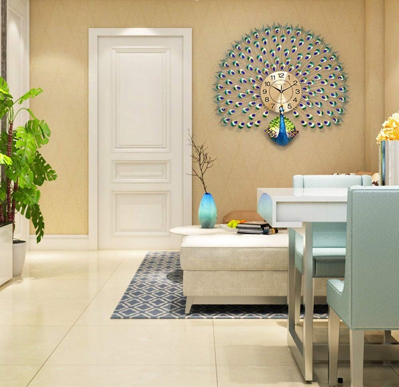 HARIRUP ساعة حائط هاريروب بتصميم طاووس أوروبي فاخرة من الكريستال للديكور المنزلي، فنية ومعدنية زرقاء - Image 3