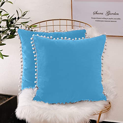 CottonFry Set of 2 Cushion Covers/Throw Pillow Covers Size 12"X12" Inches with Pom Poms, Soft Square Velvet Pillowcases Home Decor (Sky Blue, Pack of 2) - Image 3