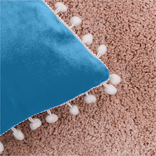 CottonFry Set of 2 Cushion Covers/Throw Pillow Covers Size 12"X12" Inches with Pom Poms, Soft Square Velvet Pillowcases Home Decor (Sky Blue, Pack of 2) - Image 4