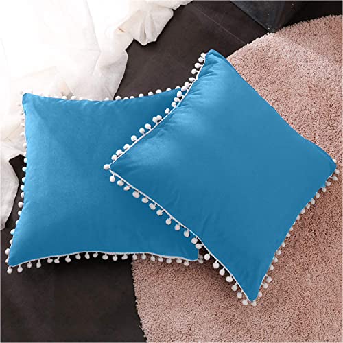 CottonFry Set of 2 Cushion Covers/Throw Pillow Covers Size 12"X12" Inches with Pom Poms, Soft Square Velvet Pillowcases Home Decor (Sky Blue, Pack of 2) - Image 2