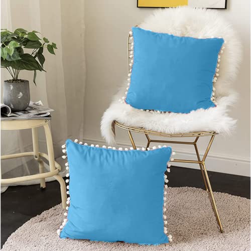 CottonFry Set of 2 Cushion Covers/Throw Pillow Covers Size 12"X12" Inches with Pom Poms, Soft Square Velvet Pillowcases Home Decor (Sky Blue, Pack of 2) - Image 1