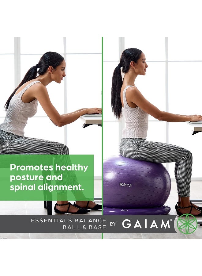 Gaiam Essentials Balance Ball & Base Kit, 65cm Yoga Ball Chair, Exercise Ball with Inflatable Ring Base for Home or Office Desk, Includes Air Pump - Purple - Image 3
