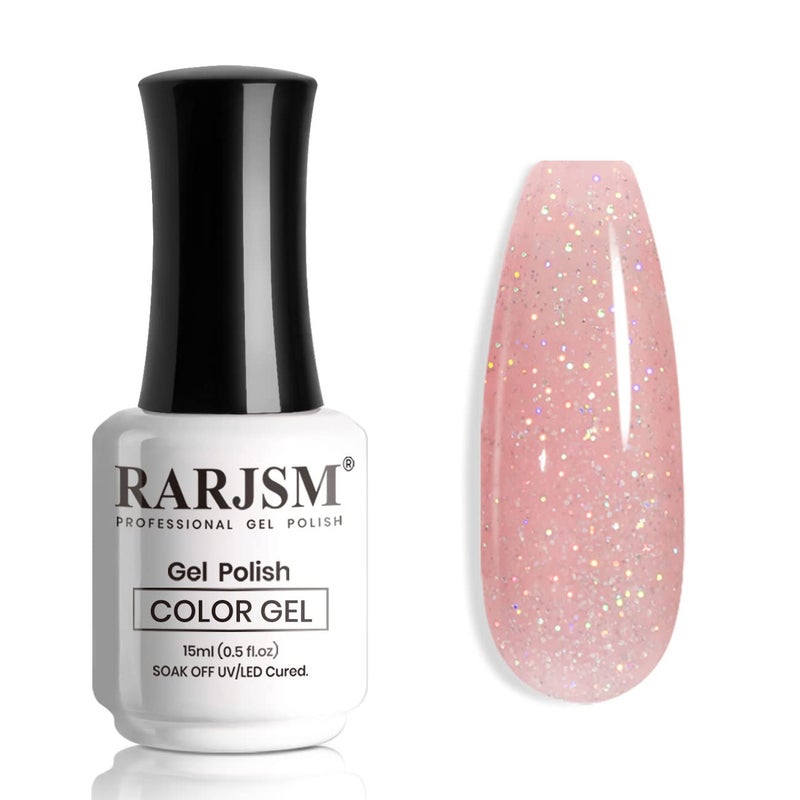 RARJSM Nail Polish Nude Glitter Rose Pink Jelly Shimmery Iridescent Rainbow Pigments Sparkly Red Pink Translucent Natural Gel Polish Soak off UV LED Cured 15ml Single Bottle - Image 1