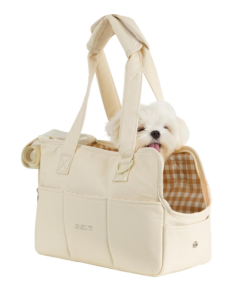 ONECUTE Dog Carrier for Small Dogs Rabbit cat with Large Pockets, Cotton Bag, Dog Carrier Soft Sided, Collapsible Travel Puppy Carrier (Beige, 17" L x 7.5" W x 12" H) - Image 1