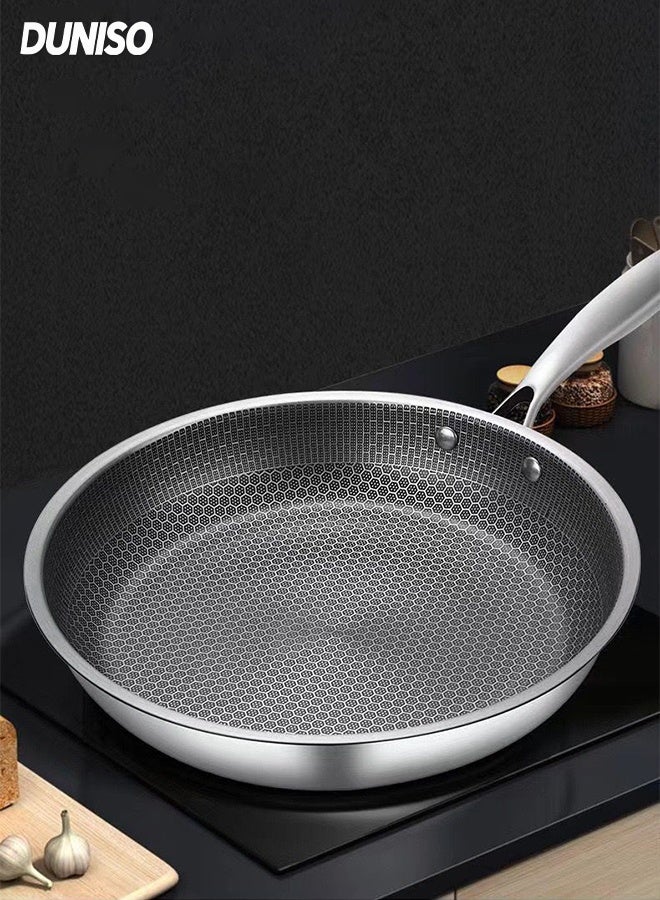 DUNISO مقلاة غير لاصقة من الفولاذ المقاوم للصدأ عالية الجودة، مقلاة بمقبض قوي، متوافقة مع جميع أسطح الطهي، مقلاة عجة دائرية للطهاة، آمنة في غسالة الصحون، 30 سم - Image 1
