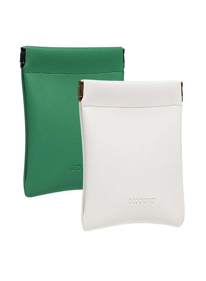 AROPANA Pack of 2 - Aropana Leather Makeup Portable Earphone Pouch Travel Jewellery Lipstick Pouch Coin Purse Card Holder (11.5CM × 11CM) Emarald Green & Snow White - Image 1