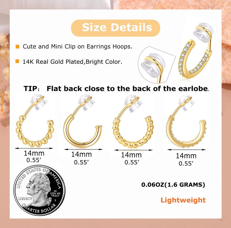 PLOMFOV 4Pairs Clip On Hoop Earrings for Women 14K Gold Plated Non Pierced Earrings Gold Clip On Hoops Small No Piercing Fake Hoop Earrings 14mm - Image 3