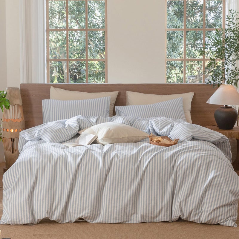 MooMee Striped Duvet Cover Set 100 Washed Cotton Linen Like Textured Breathable Durable Soft Comfy Cornflower Blue White Classic Stripes Twin 68x90