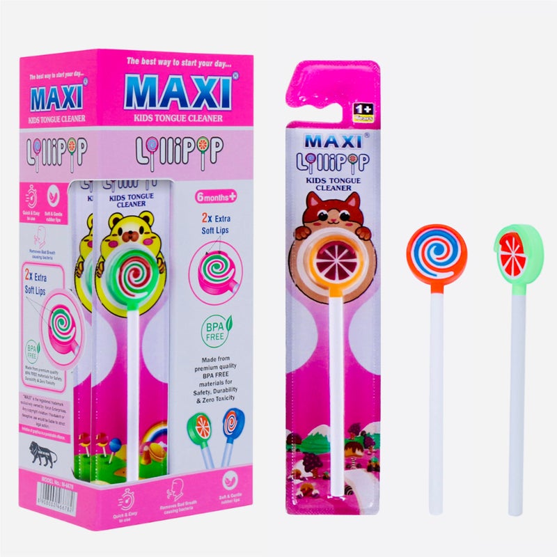 MAXI Lollipop Tongue Cleaner for kids, extra soft, 6+ months, watermelon, candy, multicolor (Pack of 12) - Image 1