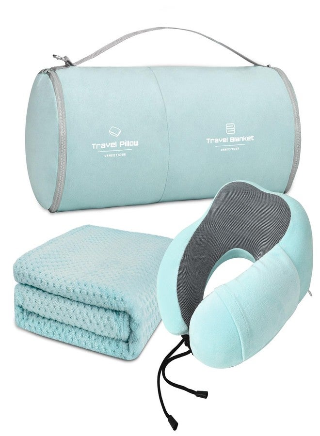 urnexttour Travel Pillow and Blanket Set Neck Pillow Airplane Memory Foam for Traveling Compact with Bag Blue Green - Image 1
