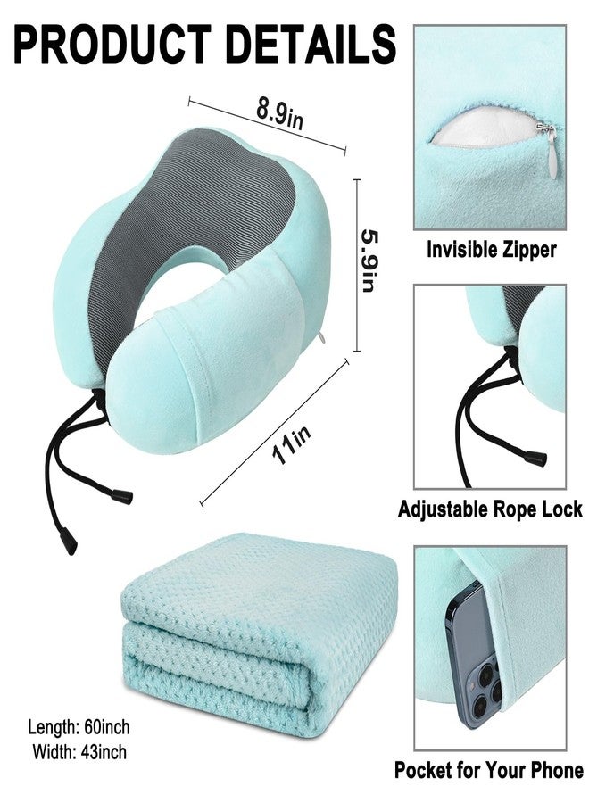 urnexttour Travel Pillow and Blanket Set Neck Pillow Airplane Memory Foam for Traveling Compact with Bag Blue Green - Image 4