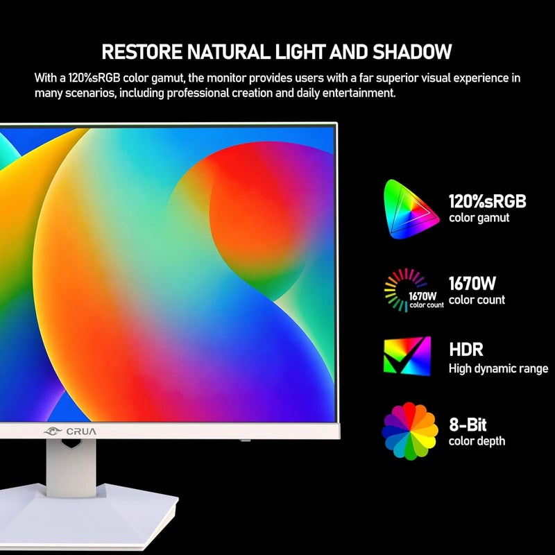 CRUA شاشة ألعاب 27 بوصة 2K 240Hz IPS، دقة QHD (2560x1440)، سرعة 1ms (GTG)، 120% sRGB، مكبرات صوت مدمجة، إضاءة خلفية RGB، مناسبة للاعبي الرياضات الإلكترونية والاستخدام المكتبي والتجاري - أبيض - Image 5