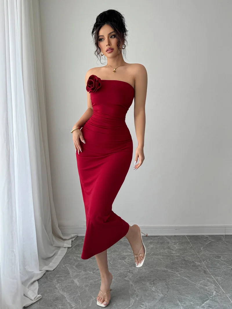 Outzidr  Red Strapless Flower Attached Dress for Women | Best Price UAE