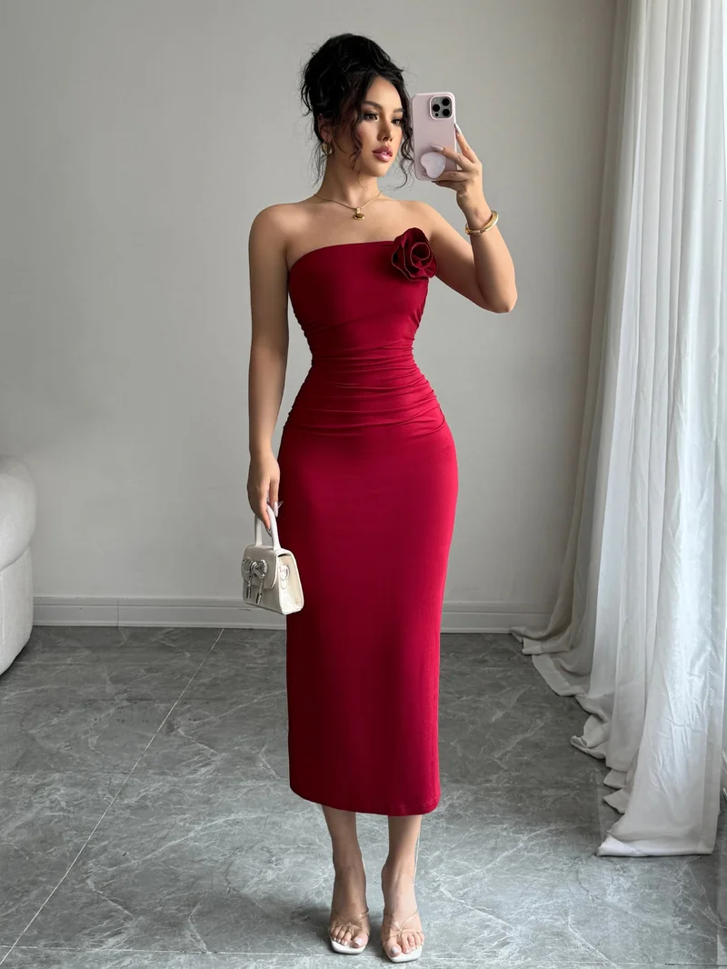 Outzidr  Red Strapless Flower Attached Dress for Women | Best Price UAE