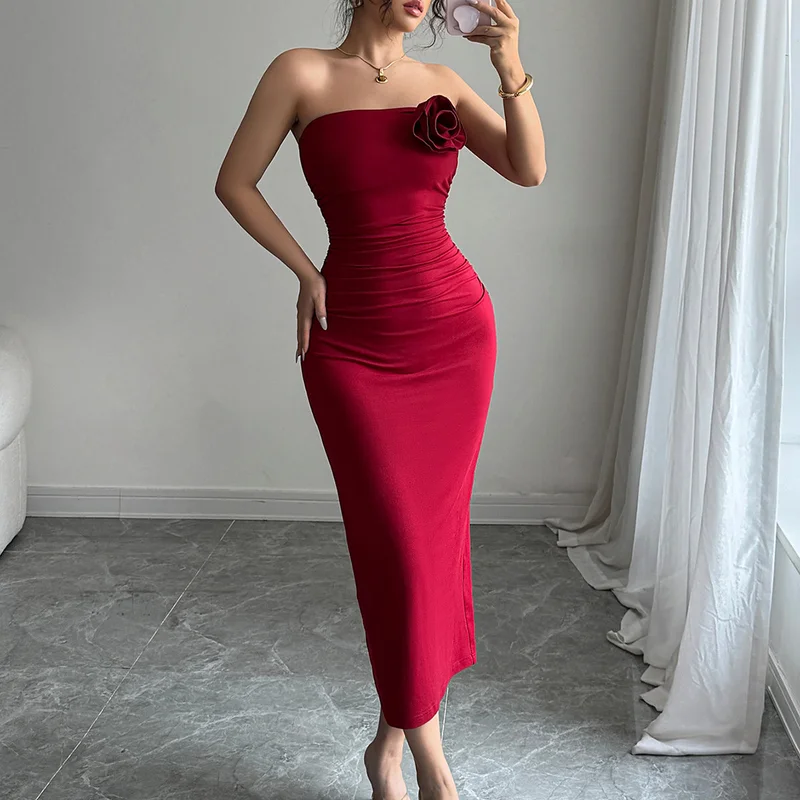 Outzidr  Red Strapless Flower Attached Dress for Women | Best Price UAE