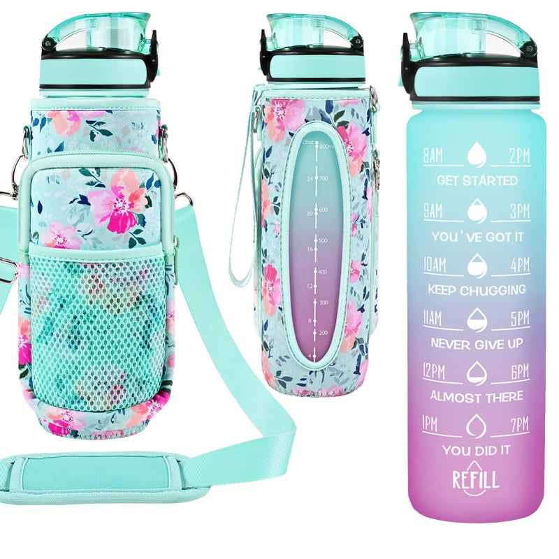 Newfad 32 oz Water Bottle with Straw and Sleeve Motivational Water Bottle with Time Marker and Adjustable Shoulder Strap BPA Free Leakproof Sport Water Jug for Hiking Gym