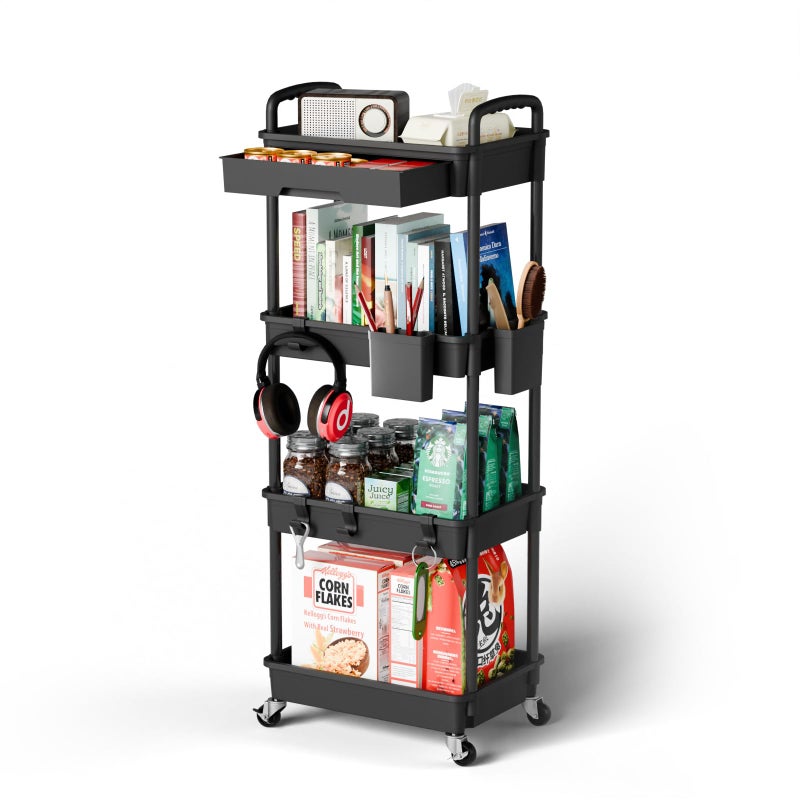 Sorgion 4 Tier Small Rolling Cart Organizer,Art Craft Diaper Bedside Snack Cart Laundry Room Bathroom Organizer Narrow Thin Slim Rolling Trolley Utility Cart with Wheels for Kitchen,Office(Black) - Image 1