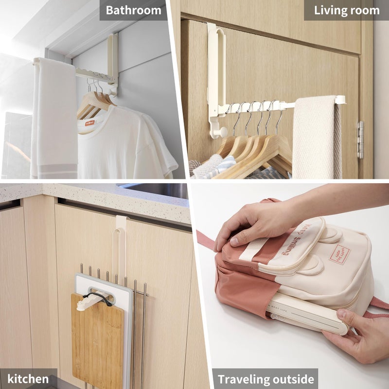 RFOUO Over The Door Hooks Hanger Fit Door up to 1 3/4" Optimal 2pc,Over The Door Hanger with Retractable Rod,Foldable Over The Door Drying Rack for Laundry Bathroom Bedroom (Milky White, 2 Pack) - Image 5