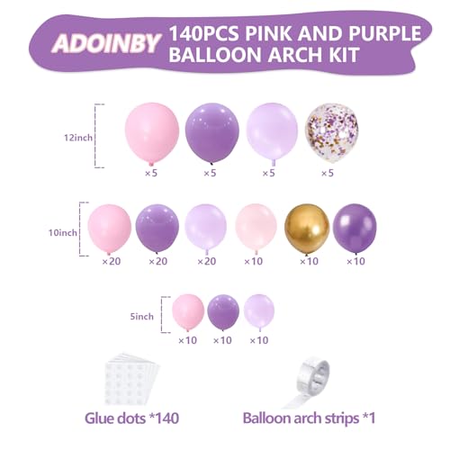 ADOINBY Pink and Purple Balloon Arch Kit 140Pcs Lavender Metallic Purple Macaron Light Pink with Gold Balloon Garland Kit for Wedding Engagements Birthday Baby Shower Anniversary Party Decoration - Image 5