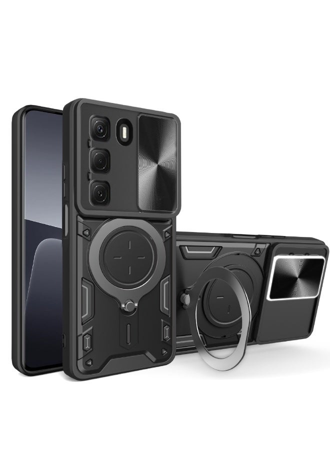 Case For Infinix Hot 50 4G  ,- Shockproof Dual Protection Brushed Cover - With Protection Camera Slider Cover - Case Slip-Resistant With Metal Ring - Black - Image 1