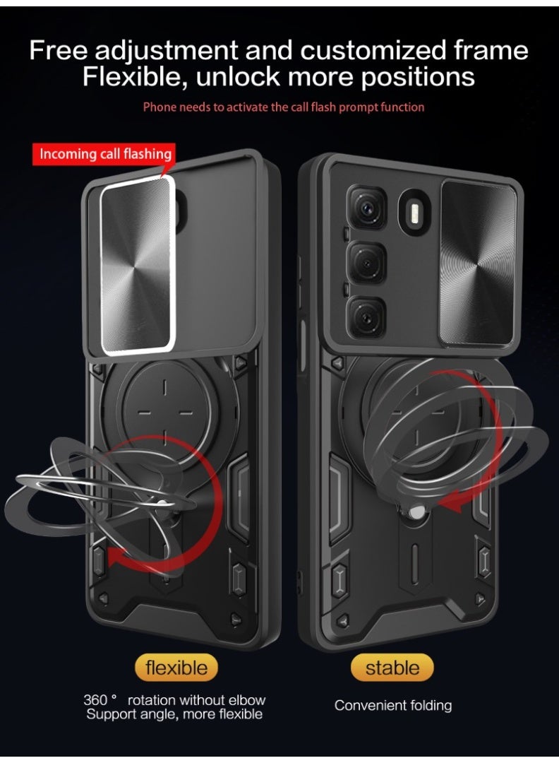 Case For Infinix Hot 50 4G  ,- Shockproof Dual Protection Brushed Cover - With Protection Camera Slider Cover - Case Slip-Resistant With Metal Ring - Black - Image 2