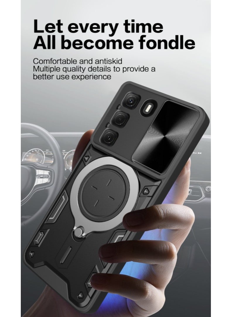 Case For Infinix Hot 50 4G  ,- Shockproof Dual Protection Brushed Cover - With Protection Camera Slider Cover - Case Slip-Resistant With Metal Ring - Black - Image 3