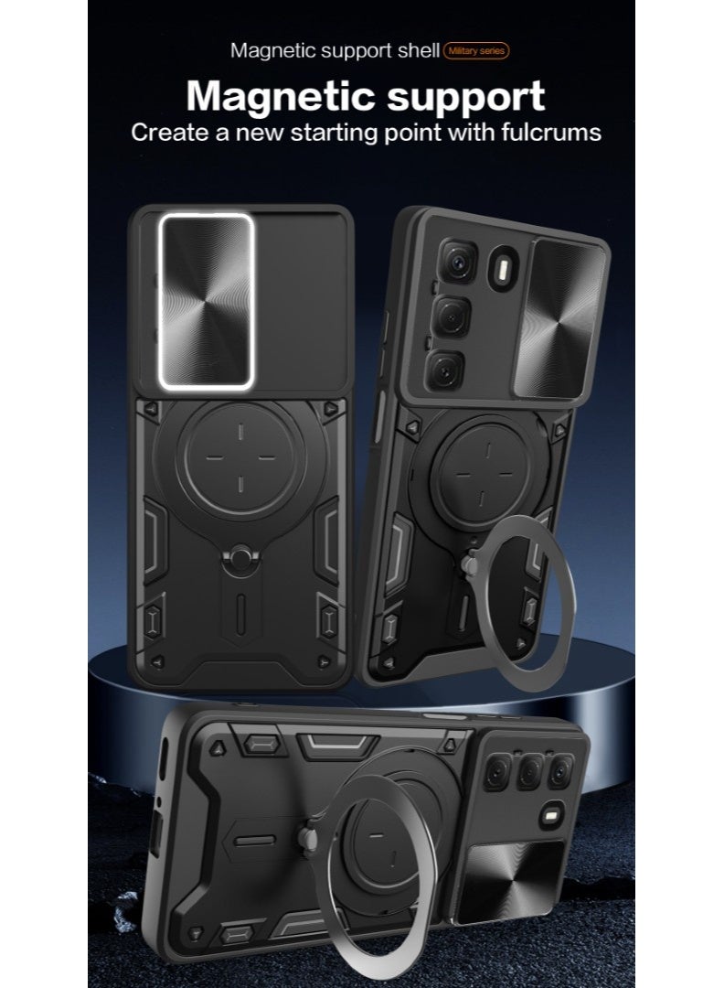 Case For Infinix Hot 50 4G  ,- Shockproof Dual Protection Brushed Cover - With Protection Camera Slider Cover - Case Slip-Resistant With Metal Ring - Black - Image 4