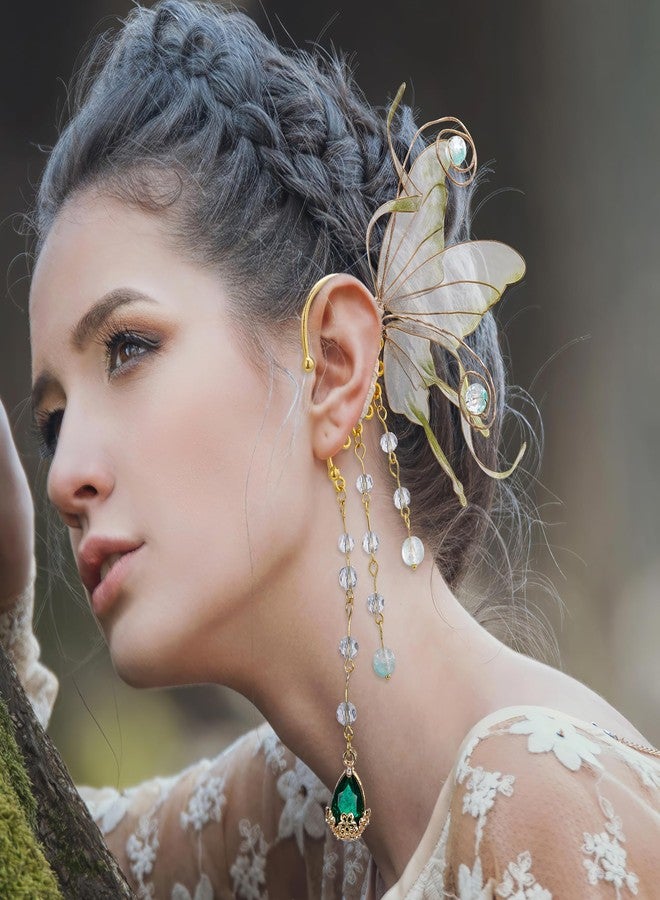 FRESHME Renfaire Elf Fairy Ear Cuffs - Elven Ear Cuffs with Green Beads Tassel Non Pierced Earrings for Women Adult Dress Up Cosplay Makeup Renaissance Accessories - Image 2