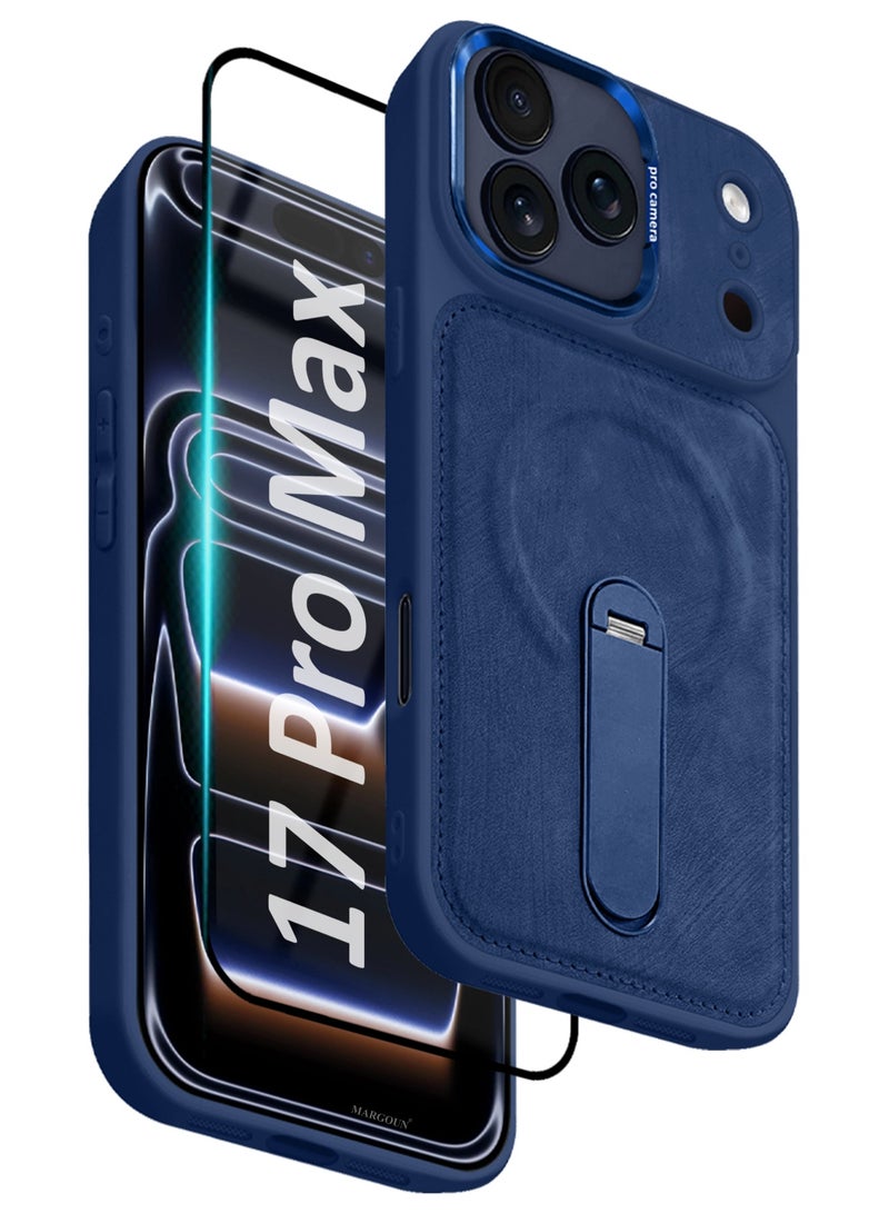 MAXORA 2 Pack Alcantara Soft Case for iPhone 17 Pro Max Case 6.9'' Compatible with Magsafe, One Case One 3D Screen Protector, Leather Protective Cover with Kickstand 360 Rotation - Deep blue - Image 1