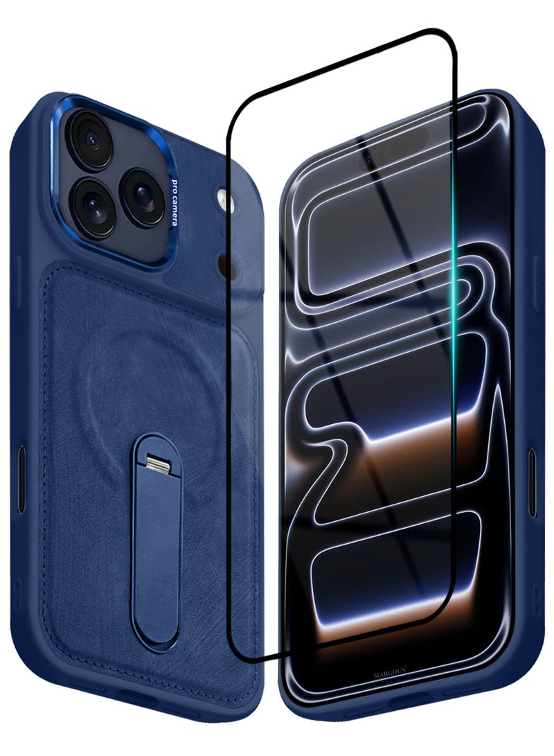 MAXORA 2 Pack Alcantara Soft Case for iPhone 17 Pro Max Case 6.9'' Compatible with Magsafe, One Case One 3D Screen Protector, Leather Protective Cover with Kickstand 360 Rotation - Deep blue - Image 2