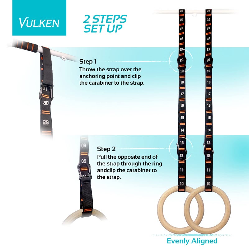 Vulken Adjustable Numbered Straps for Gymnastic Rings Carabiners Quick Hook System Easy to Set Up One Pair ly - Image 2