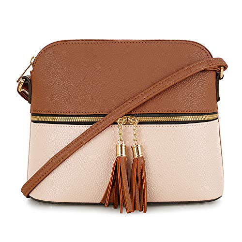 SG SUGU Lunar Lightweight Medium Dome Crossbody Bag Shoulder Bag with Double Tassels | Zipper Pocket | Adjustable Strap|Cognac/Ivory - Image 1