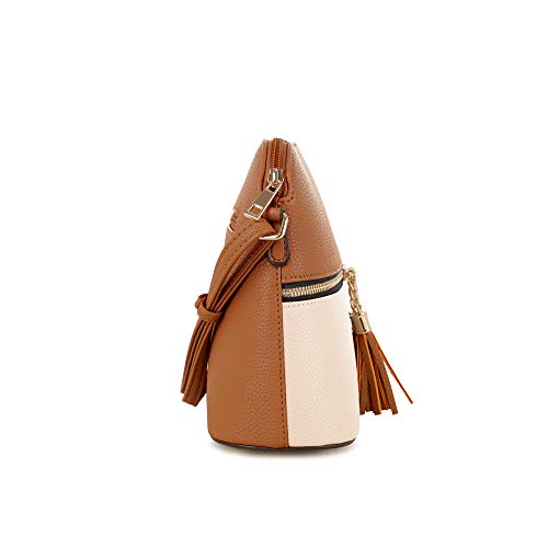SG SUGU Lunar Lightweight Medium Dome Crossbody Bag Shoulder Bag with Double Tassels | Zipper Pocket | Adjustable Strap|Cognac/Ivory - Image 2