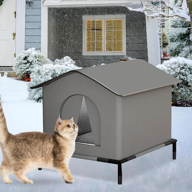 Gray Weatherproof Insulated Cat House with Mat and Doors for Outdoor Garden Patio - Image 5