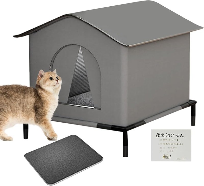 Gray Weatherproof Insulated Cat House with Mat and Doors for Outdoor Garden Patio - Image 2