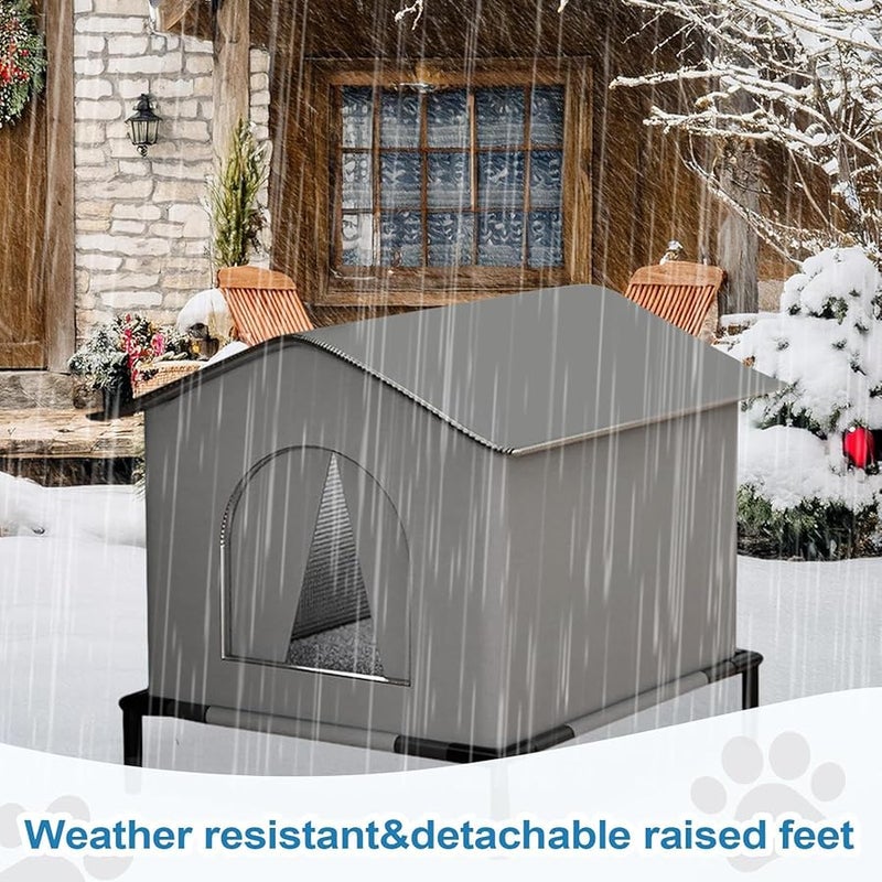 Gray Weatherproof Insulated Cat House with Mat and Doors for Outdoor Garden Patio - Image 4