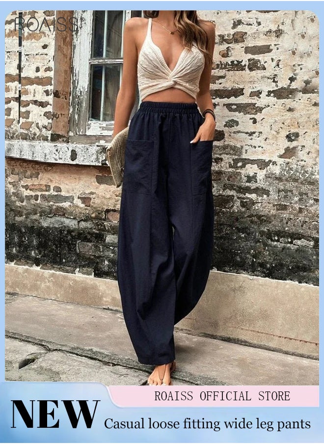 roaiss - Womens Cotton Linen Palazzo Pants Elastic Waist Casual Wide Leg Trousers With Pockets - Image 1