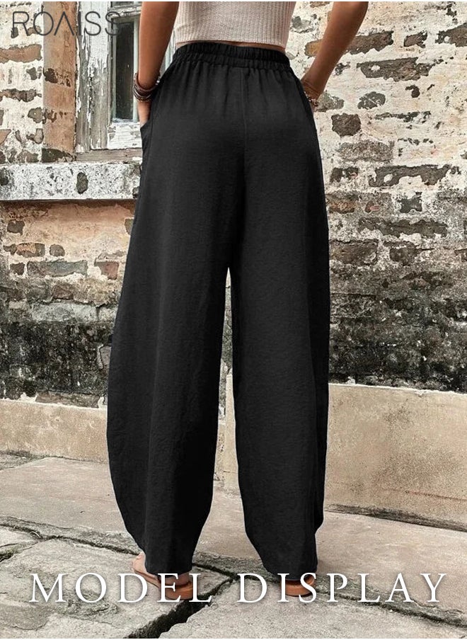roaiss - Womens Cotton Linen Palazzo Pants Elastic Waist Casual Wide Leg Trousers With Pockets - Image 1