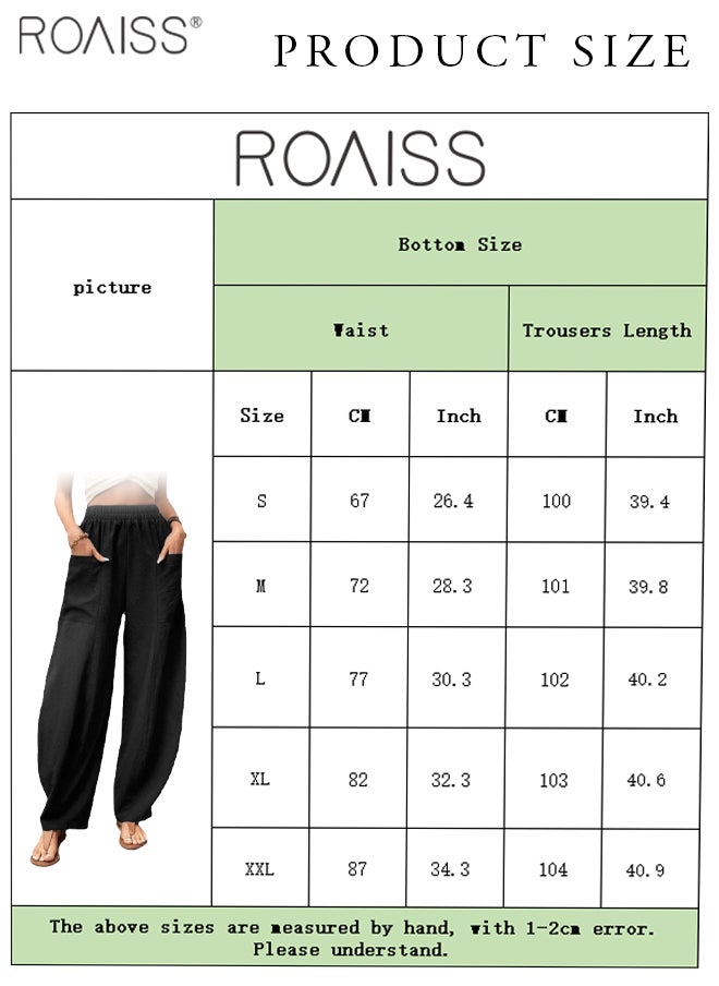 roaiss - Womens Cotton Linen Palazzo Pants Elastic Waist Casual Wide Leg Trousers With Pockets - Image 1